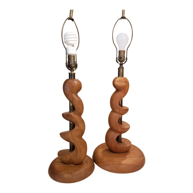 Mid-Century Organic Sculpture Form Wood Lamps - a Pair For Sale