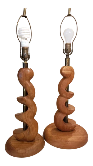 Mid-Century Organic Sculpture Form Wood Lamps - a Pair