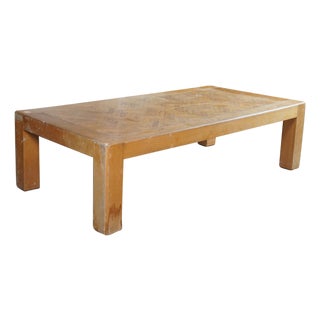 1970s Mid Century Modern Parsons Style Oak Herringbone Coffee Cocktail Table 58" For Sale