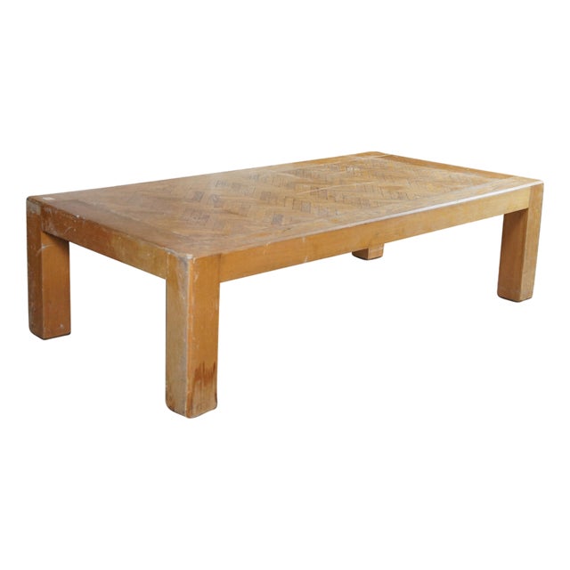1970s Mid Century Modern Parsons Style Oak Herringbone Coffee Cocktail Table 58" For Sale