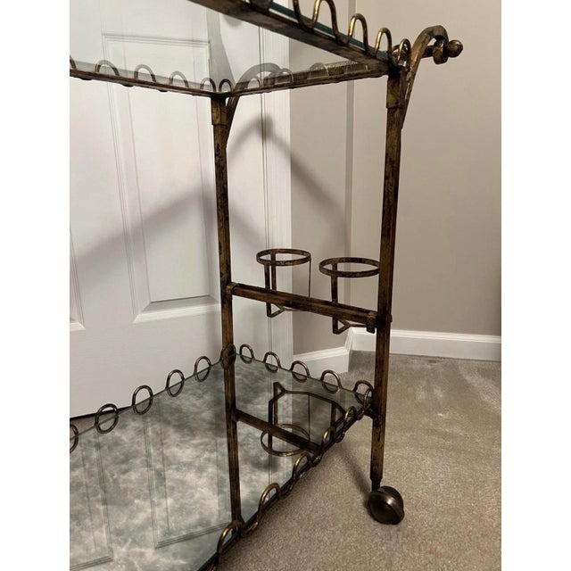 Vintage Hollywood Regency Neoclassical Gilt Rolling Iron Glass Bar Cart Trolley For Sale - Image 9 of 12
