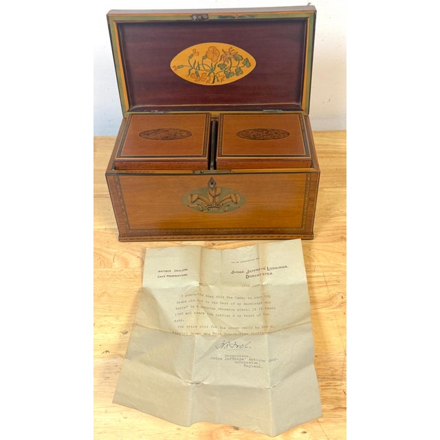Documented Georgian Sheraton Period Marquetry Tea Caddy with Prince of Wales Feathers, Inscribed “E * S 1797,” England,...