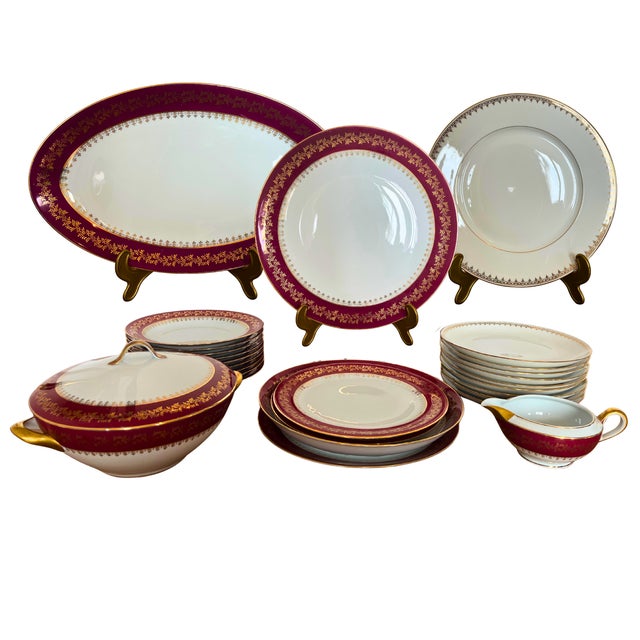 Mid-Century Porcelain Dinner Service with Ruby Red and Gilt Frieze from Limoges, 1950, Set of 26 For Sale - Image 11 of 11