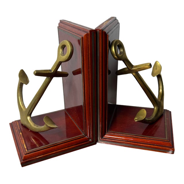 Brass and Wood Anchor Bookends- A Pair For Sale