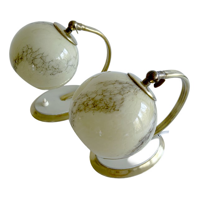 Art Deco Table Lamps in Brass and Glass, Set of 2 For Sale
