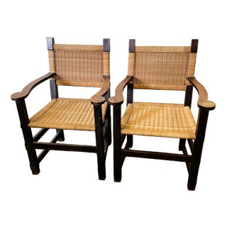 Vintage French Oak and Rattan Armchairs, 1940s, Set of 2 For Sale