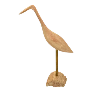 Organic Modern Stylized Hand Carved Wood Egret Animal Sculptures Brass Mounted