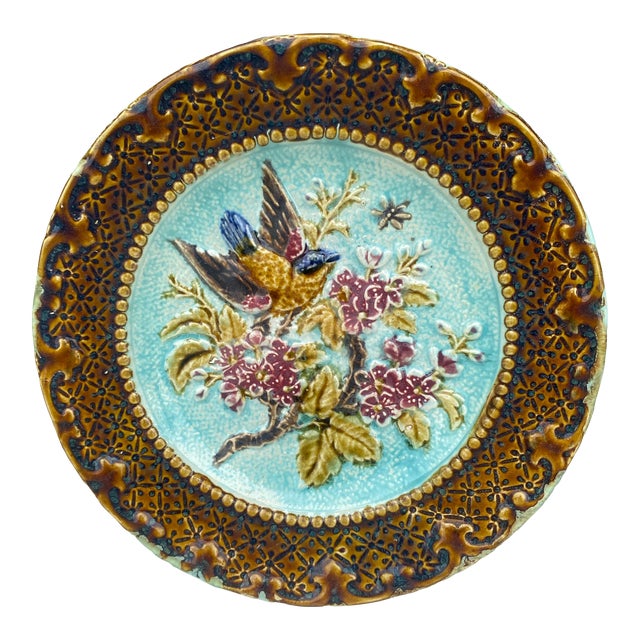 French Majolica Bird & Flower Plate, Circa 1890 For Sale