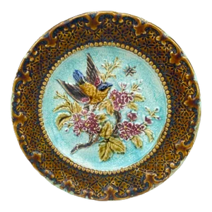 French Majolica Bird & Flower Plate, Circa 1890