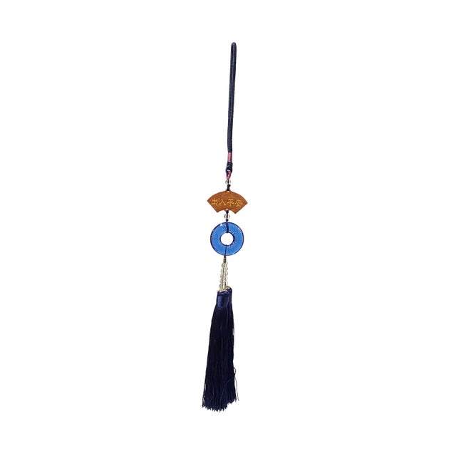 Crystal Glass Fengshui Fortune Blue Round Pendant Decor Tassel For Sale - Image 4 of 4