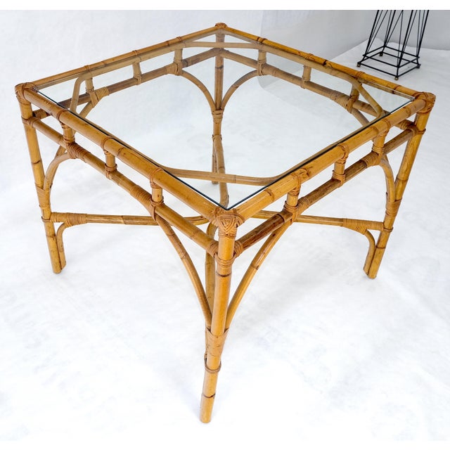 McGuire Glass Top 34" Square Mid Century Modern Burnt Bamboo Game Dinette Table MINT For Sale - Image 4 of 17