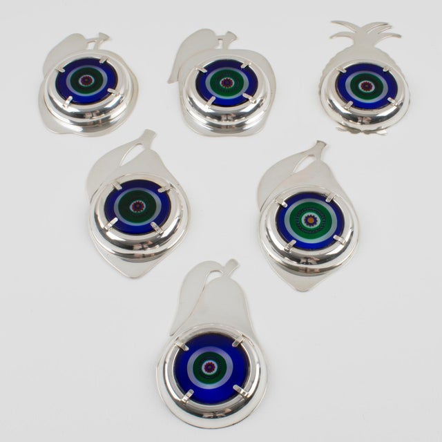 Sterling Silver and Murano Art Glass Barware Coasters Set of 6, Italy circa 1960 For Sale - Image 13 of 18