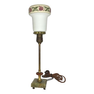 Early 20th Century Art Deco Green Onyx Brass Table Lamp Floral Glass Shade Bakelite Accent Untested For Sale