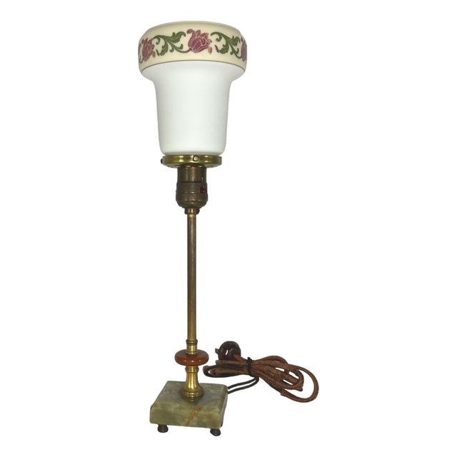 Early 20th Century Art Deco Green Onyx Brass Table Lamp Floral Glass Shade Bakelite Accent Untested For Sale