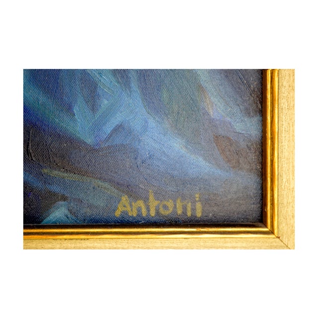 Yellow Mums With Blue Drape - Mid Century Floral Still Life by Antoni For Sale - Image 9 of 9