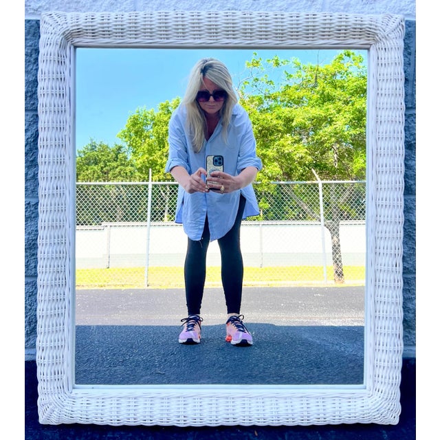 Large Vintage White Wicker Framed Mirror For Sale In Charleston - Image 6 of 12