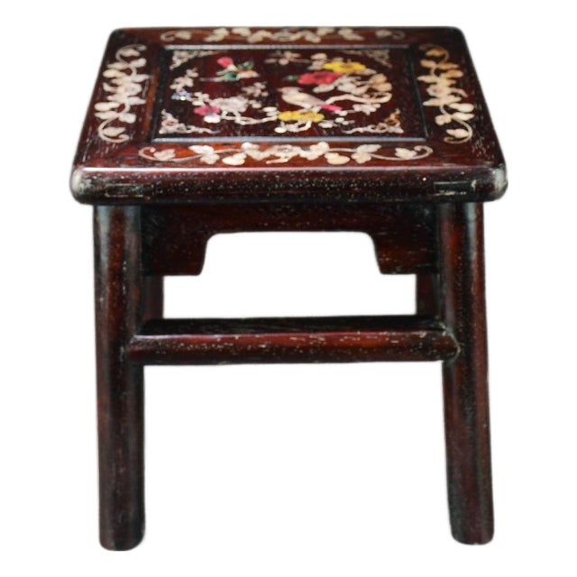 Vintage Chinese Zitan Rosewood Mother-of-Pearl Inlaid "Magpie on Plum" Stool For Sale