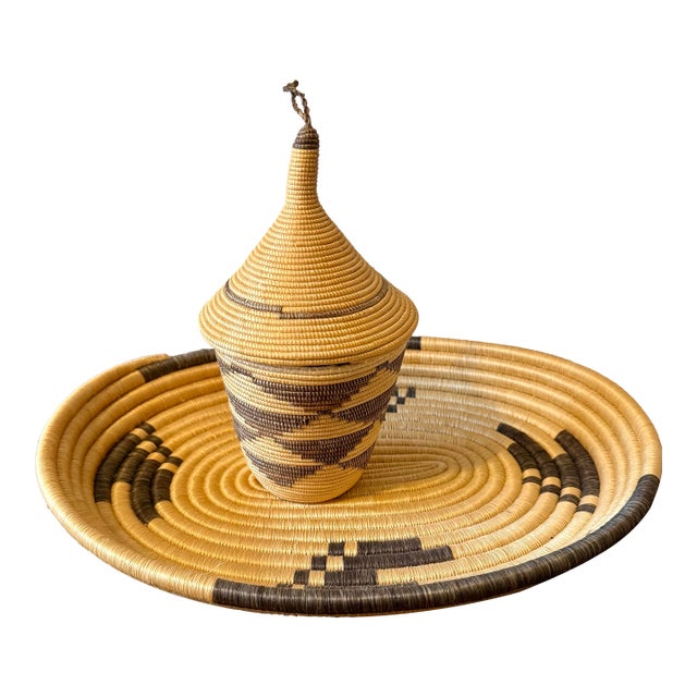 Rwandan Tutsi Woven Basket With Large Tray For Sale