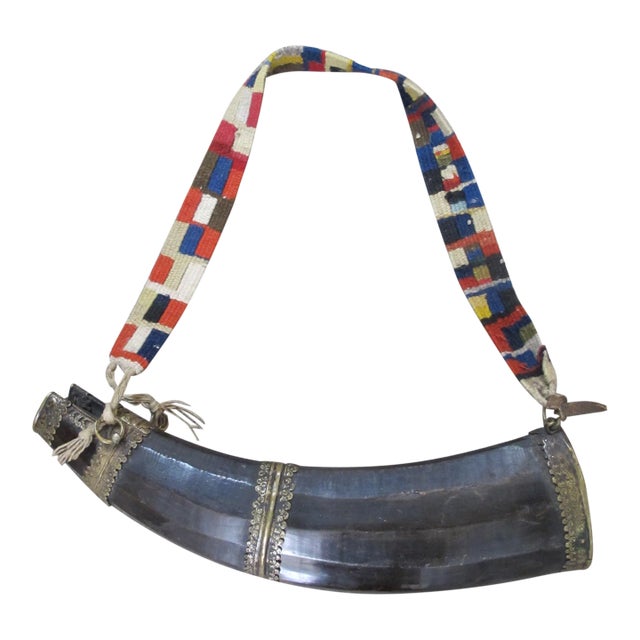 Antique 19 Century Tibetan Gilt Copper Chhaang Drinking Yak Horn With Strap For Sale
