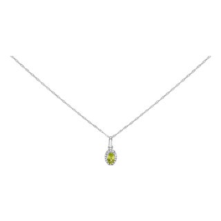 10K White Gold 5x3mm Green Peridot and Diamond Accent Halo Oval Shape 18" Pendant Necklace (I-J Color, I1-I2 Clarity) For Sale