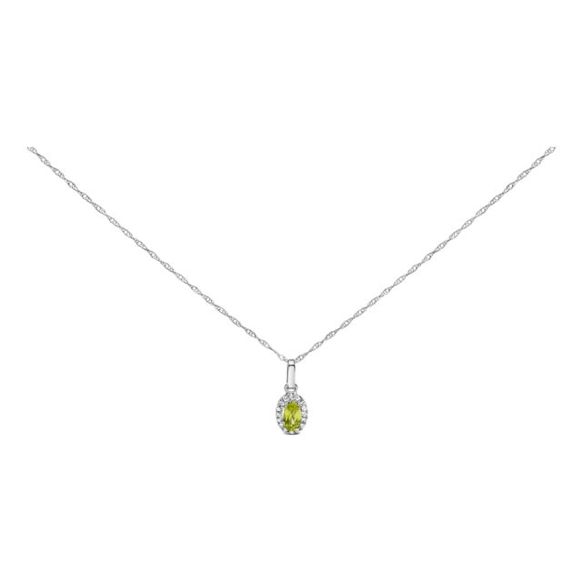 10K White Gold 5x3mm Green Peridot and Diamond Accent Halo Oval Shape 18" Pendant Necklace (I-J Color, I1-I2 Clarity) For Sale