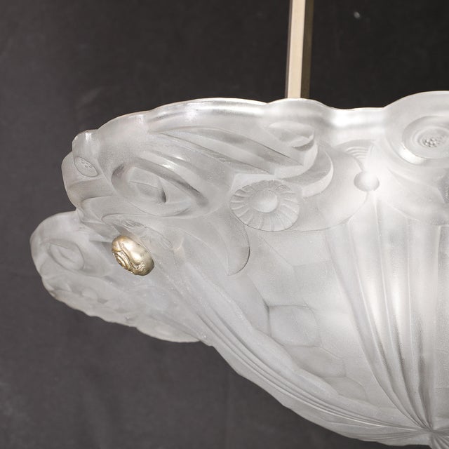 Art Deco Molded, Frosted Floral Abstract Cubist & Nickel Chandelier Signed Degué For Sale - Image 11 of 12