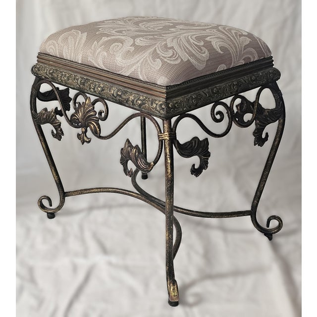 Metal Vintage Bronze Scrollwork Vanity Bench With Cream Jacquard Upholstery For Sale - Image 7 of 18