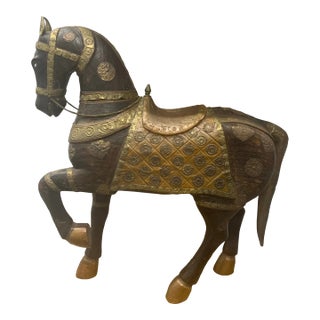 Large Antique Copper & Brass Clad Carved Wooden Horse For Sale