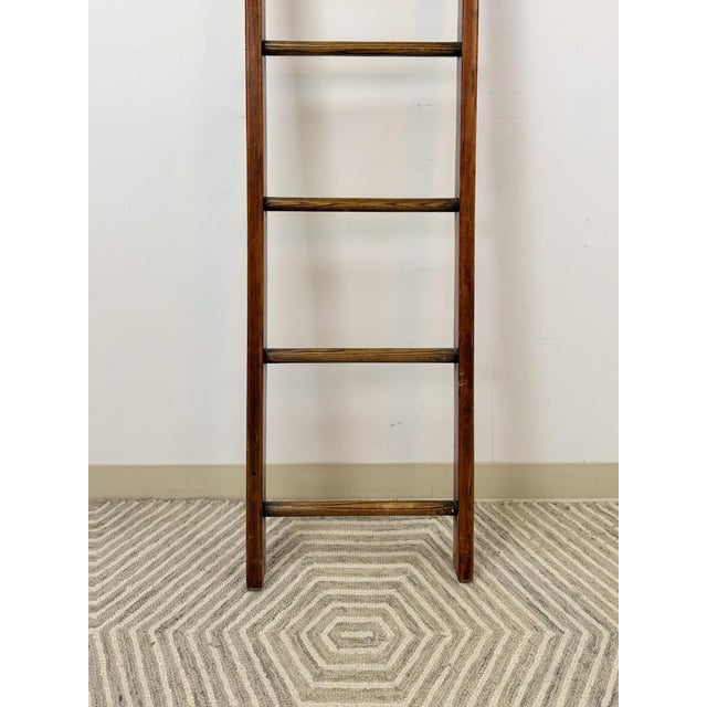 Antique Wood Metal Library Ladder 7 Rung Rolling Bookcase Ladder 82" For Sale - Image 4 of 9