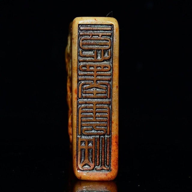 Amber Vintage Carved Shoushan Stone Seal / Paperweight With Lotus Pond Motif For Sale - Image 8 of 8