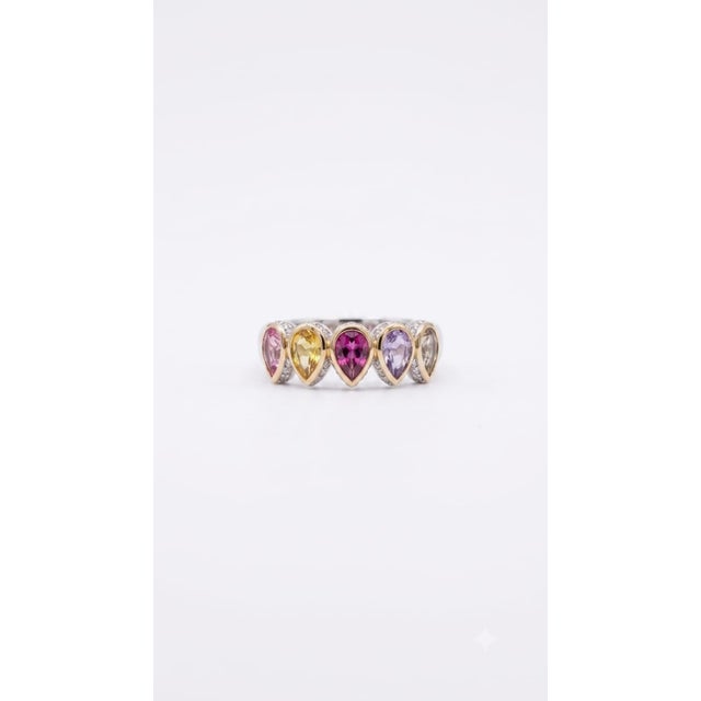 Contemporary Stunning 18k Gold Multi Sapphire and Diamond Halo Ring, New Design, Size 6 For Sale - Image 3 of 6