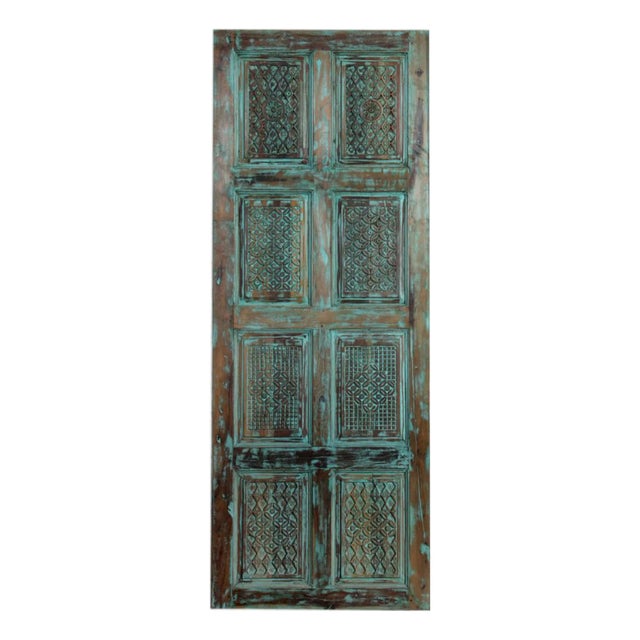 Midcentury Vintage Carved Blue Wooden Door – Hinged Entry Door or Sliding Barn Door 96x36 For Sale