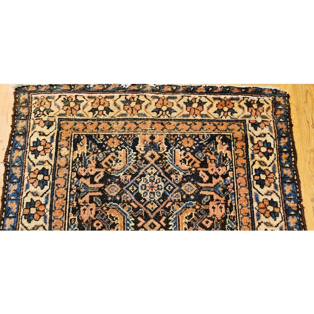 Black Vintage Persian Malayer Area Rug, Hand-Knotted Wool, Geometric Pattern, 4x4, Navy & Ivory For Sale - Image 8 of 14