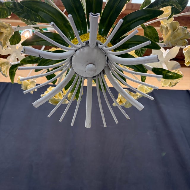 Vintage Italian Style Painted Tole Floral 6-Arm Chandelier With Yellow Roses For Sale In Portland, ME - Image 6 of 13
