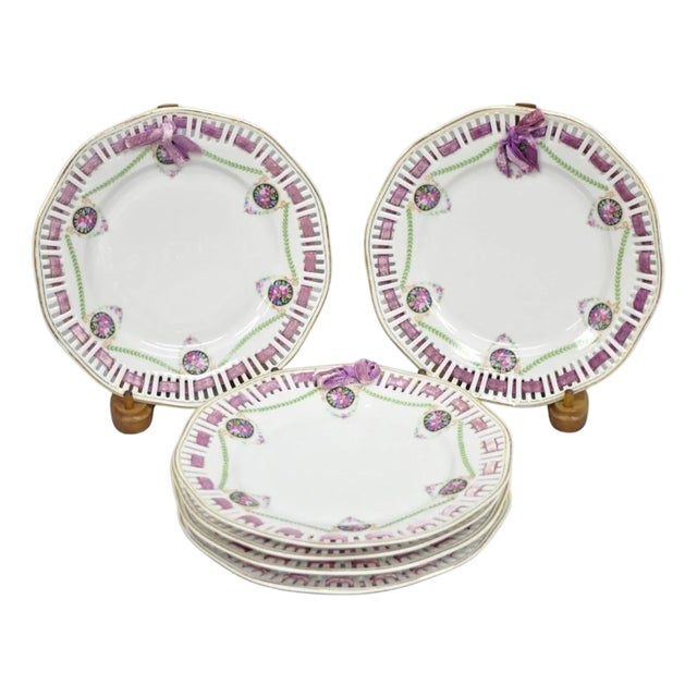 Early 20th Century Schumann Bavaria Germany Victorian Reticulated Floral Roses Plates - 6 PCS For Sale