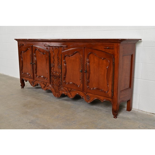 1980s Baker Furniture French Provincial Louis XV Carved Cherry Wood Sideboard Credenza or Bar Cabinet For Sale - Image 5 of 13
