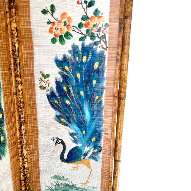 Mid-Century Hand Painted Peacocks Folding Room Divider Screen Tortoise Finish Bamboo. Bohemian, Tiki, Eclectic, Asian Style. For Sale - Image 15 of 16