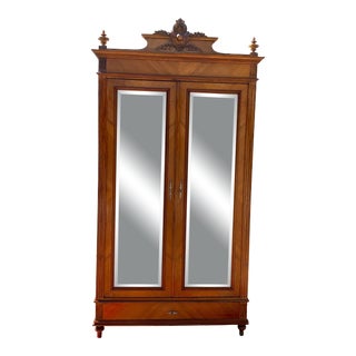 Antique French Satinwood and Walnut Armoire Wardrobe Fitted Inside 2 Mirrored Doors For Sale