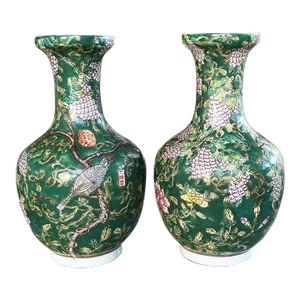 Ceramic Famille Verte Green Ceramic Chinoiserie Floral Motif Gord Vases - a Pair