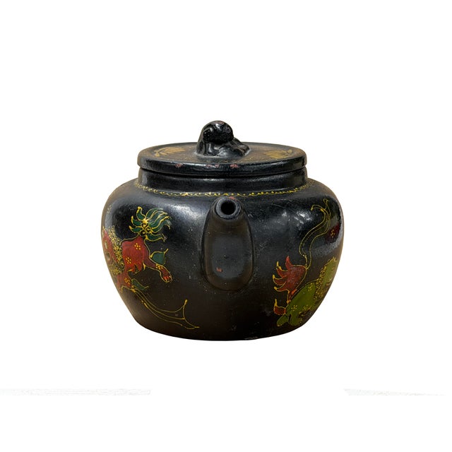 Oriental Zisha Clay Black Glaze Foo Dogs Lions Graphic Display Art Teapot For Sale - Image 4 of 10