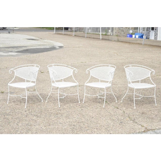 Mid 20th Century Hollywood Regency Scrolling Wrought Iron Barrel Back Patio Chairs - Set of4 For Sale - Image 10 of 11
