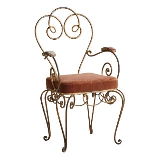 French René Gabriel Style Wrought Iron Accent Chair in Rust Velvet, 1940s For Sale