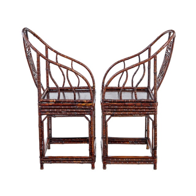 Wood Set of Antique Bamboo Canework Chinese Chairs, 1890 For Sale - Image 7 of 9