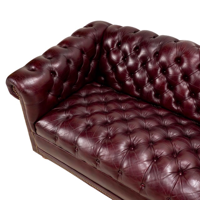 Vintage 1970s Tufted English Chesterfield Style Burgundy Leather Sofa 76" For Sale - Image 10 of 18