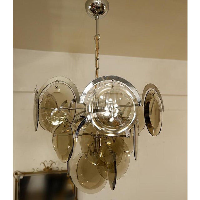 Smoked Glass Disc and Chrome Chandeliers from Vistosi, Italy, 1970s, Set of 2 For Sale - Image 3 of 9