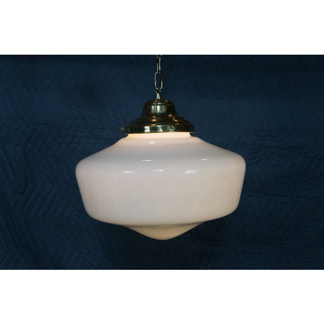 Metal Vintage Brass Milk Glass Schoolhouse Hanging Pendant Swag Light Chandelier For Sale - Image 7 of 12