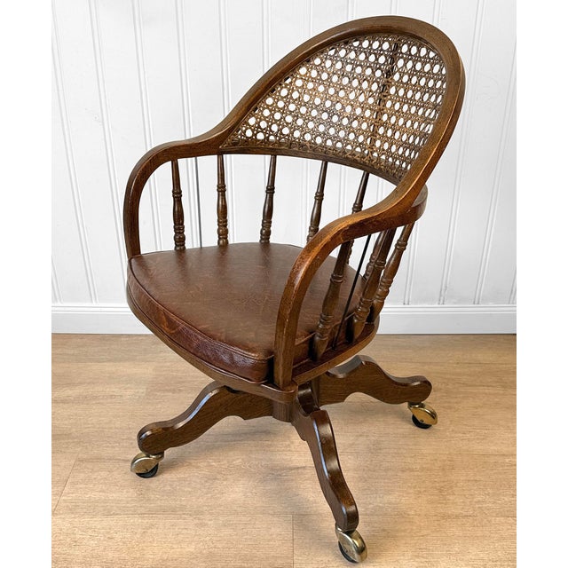 Vintage Traditional Mahogany & Cane Bankers Swivel Desk Chair For Sale - Image 4 of 17