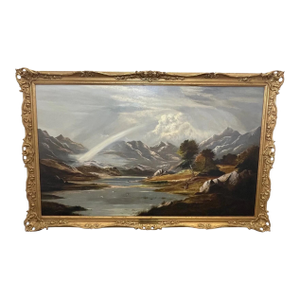 Antique Victorian Oil Painting — Snowdon, Wales — Charles Leslie (Signed & Dated 1878) Title: A Summer Shower Passing Over the Snowdon Range