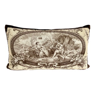 Linen Toile and Velveteen Lumbar Pillow For Sale