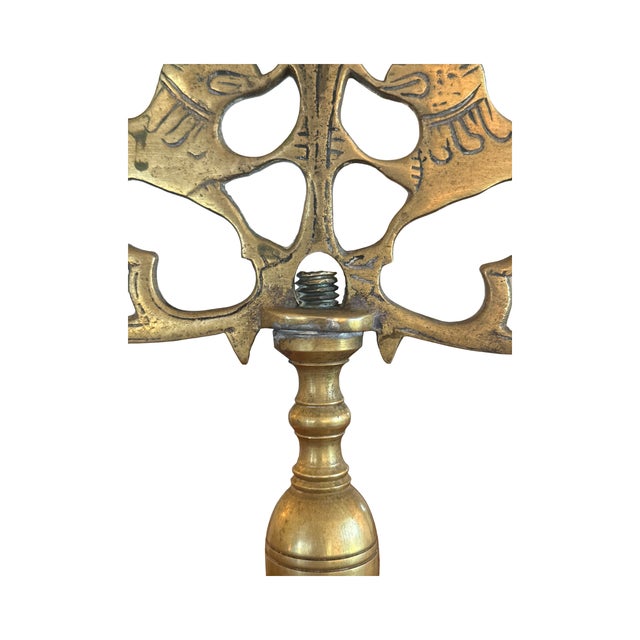 Antique Polish Brass Five-Light Shabbat Candelabra For Sale In West Palm - Image 6 of 12